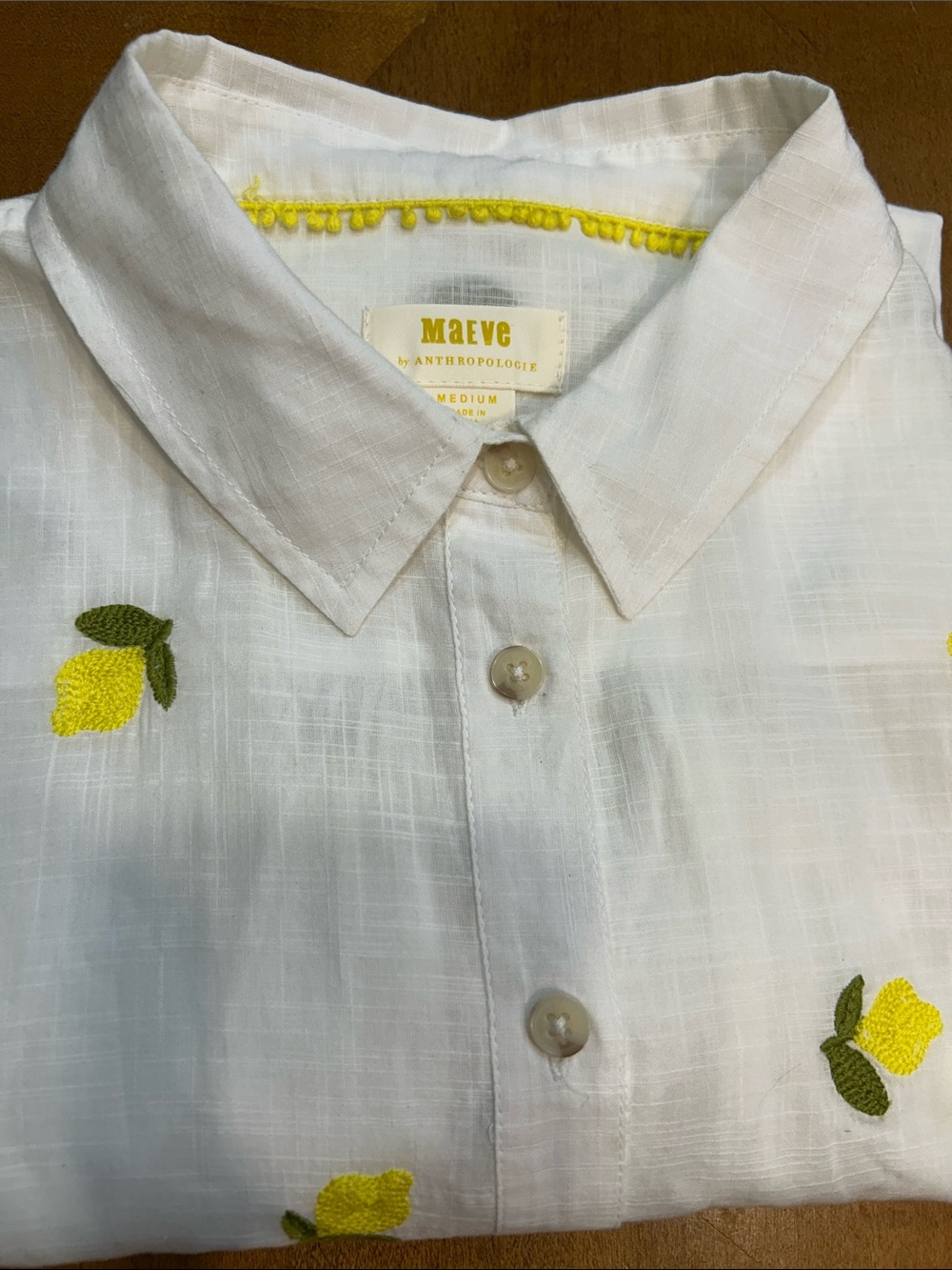 Anthropologie Maeve White Button-Up Shirt with Yellow Lemon Embroidery